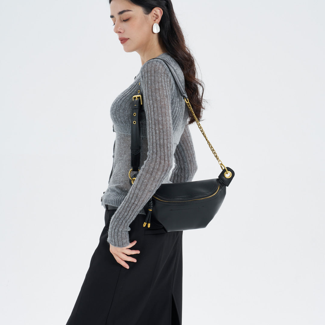 Black White Crossbody Pu Leather Chest Belt Bag for Women | SeaGloca - view 5
