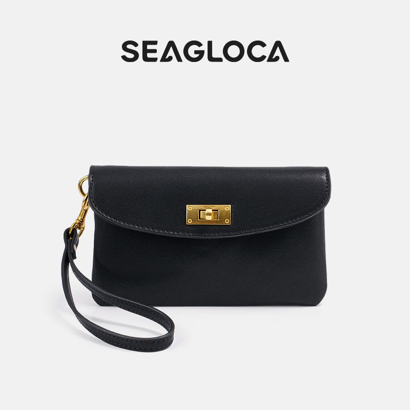 Vintage Lock-Closure Soft Leather Clutch Bag for Women | SeaGloca