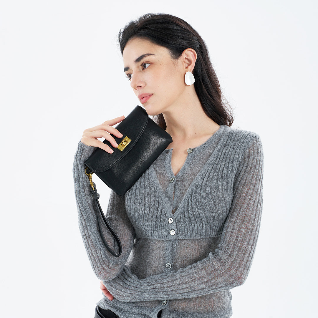 Vintage Lock-Closure Soft Leather Clutch Bag for Women | SeaGloca - view 4