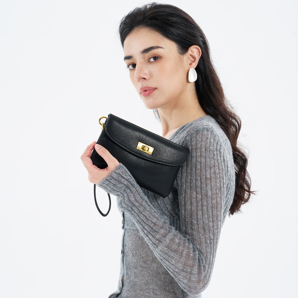 Vintage Lock-Closure Soft Leather Clutch Bag for Women | SeaGloca - view 5