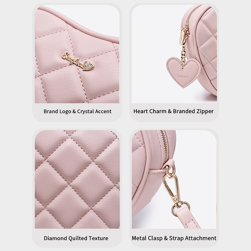 Chic Heart Quilted Crossbody Bag Soft Leather for Women | SeaGloca - view 7