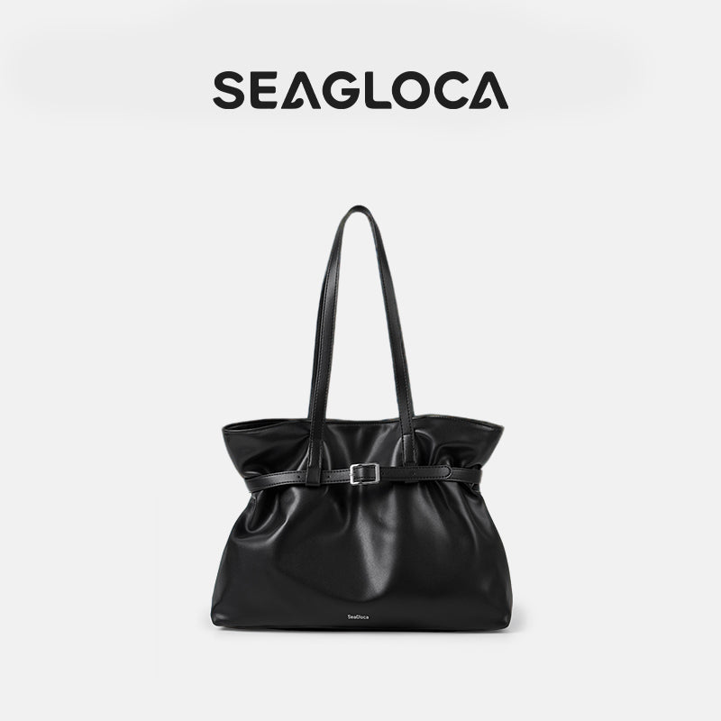 Black Large Capacity Tote Bag Chic Soft Leather for Women | SeaGloca