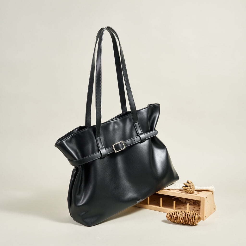 Black Large Capacity Tote Bag Chic Soft Leather for Women | SeaGloca - view 2