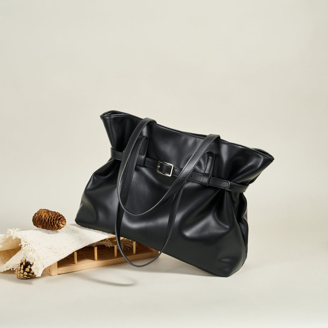 Black Large Capacity Tote Bag Chic Soft Leather for Women | SeaGloca - view 3