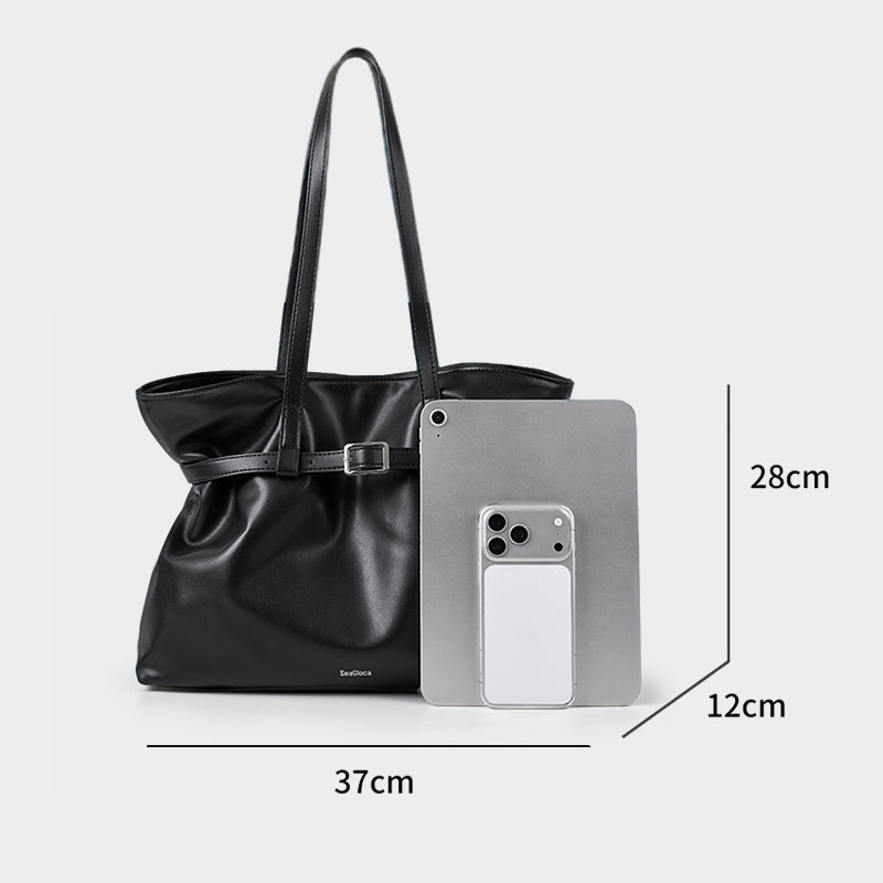 Black Large Capacity Tote Bag Chic Soft Leather for Women | SeaGloca - view 9