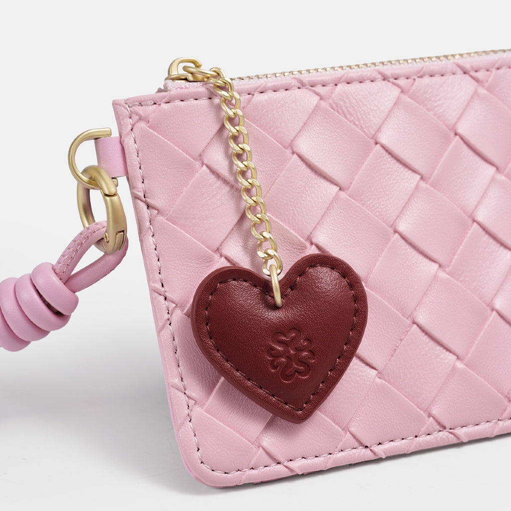SeaGloca Woven Lattice Pattern Wrist Strap Heart Pendant Zipper Coin Purse Card Holder Small Wallet for women No 00015
