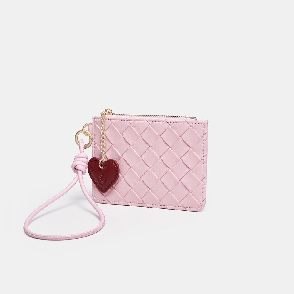 SeaGloca Woven Lattice Pattern Wrist Strap Heart Pendant Zipper Coin Purse Card Holder Small Wallet for women No 00015