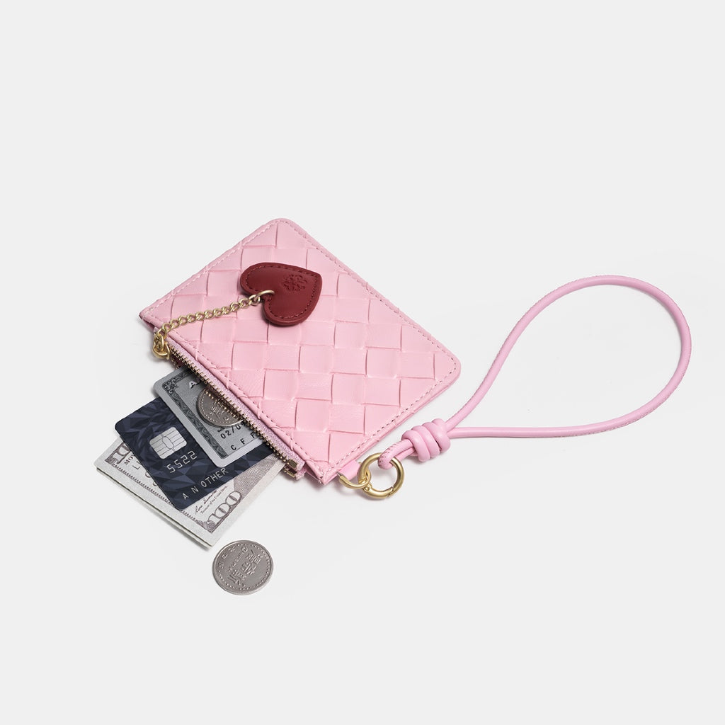 SeaGloca Woven Lattice Pattern Wrist Strap Heart Pendant Zipper Coin Purse Card Holder Small Wallet for women No 00015