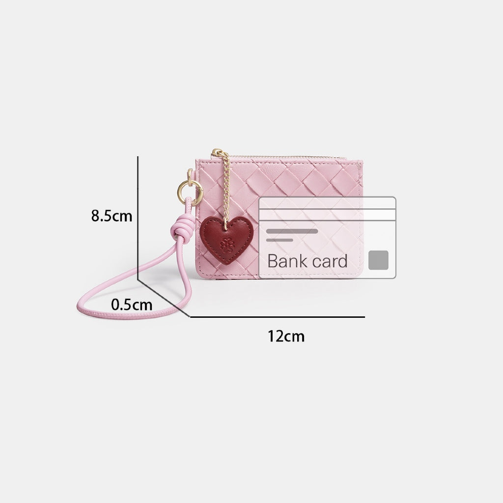 SeaGloca Woven Lattice Pattern Wrist Strap Heart Pendant Zipper Coin Purse Card Holder Small Wallet for women No 00015