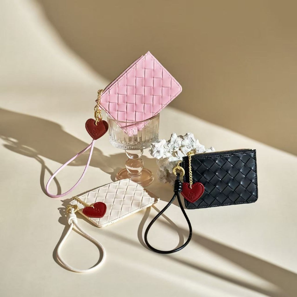 SeaGloca Woven Lattice Pattern Wrist Strap Heart Pendant Zipper Coin Purse Card Holder Small Wallet for women No 00015