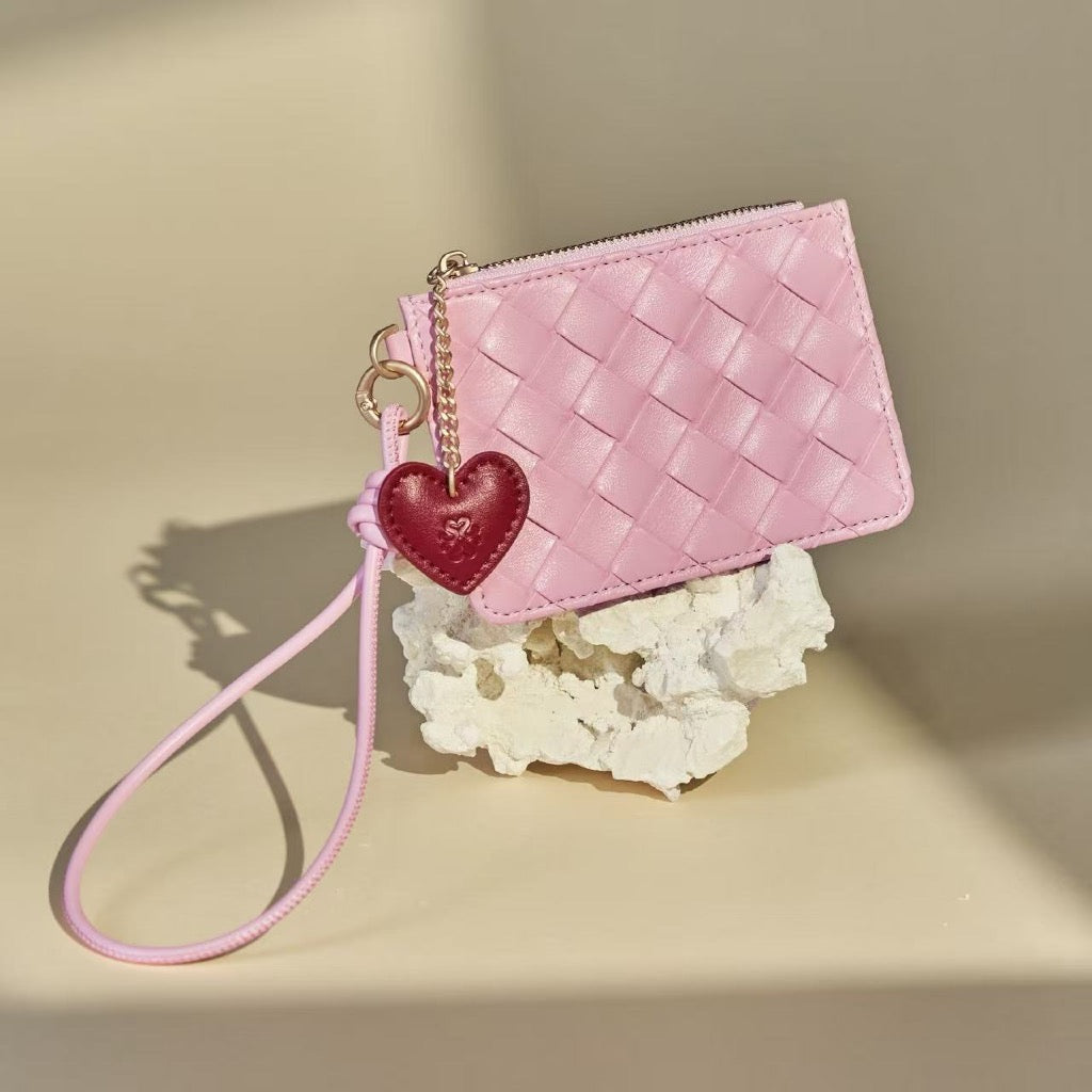 SeaGloca Woven Lattice Pattern Wrist Strap Heart Pendant Zipper Coin Purse Card Holder Small Wallet for women No 00015