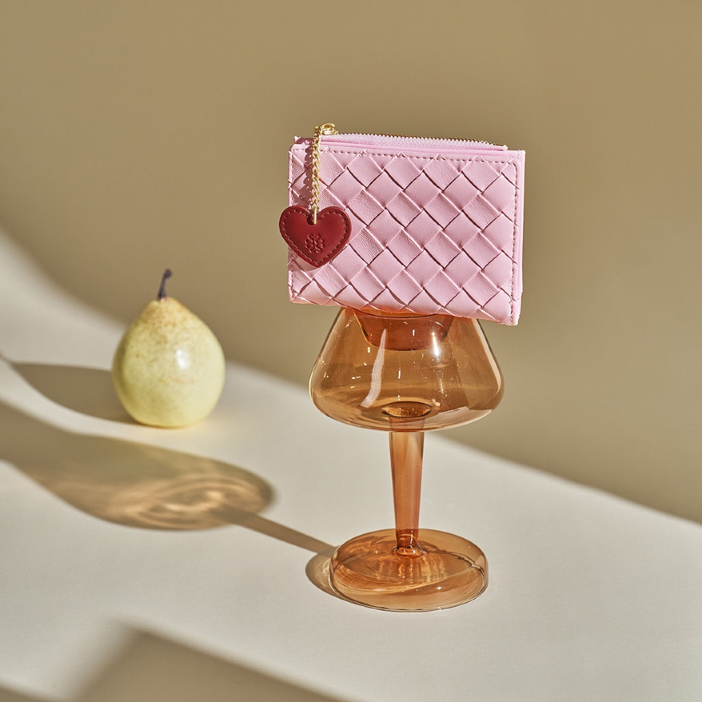 SeaGloca Woven Lattice Pattern Heart Pendant Zipper Snap Button Card Holder Small Wallet for women 00016