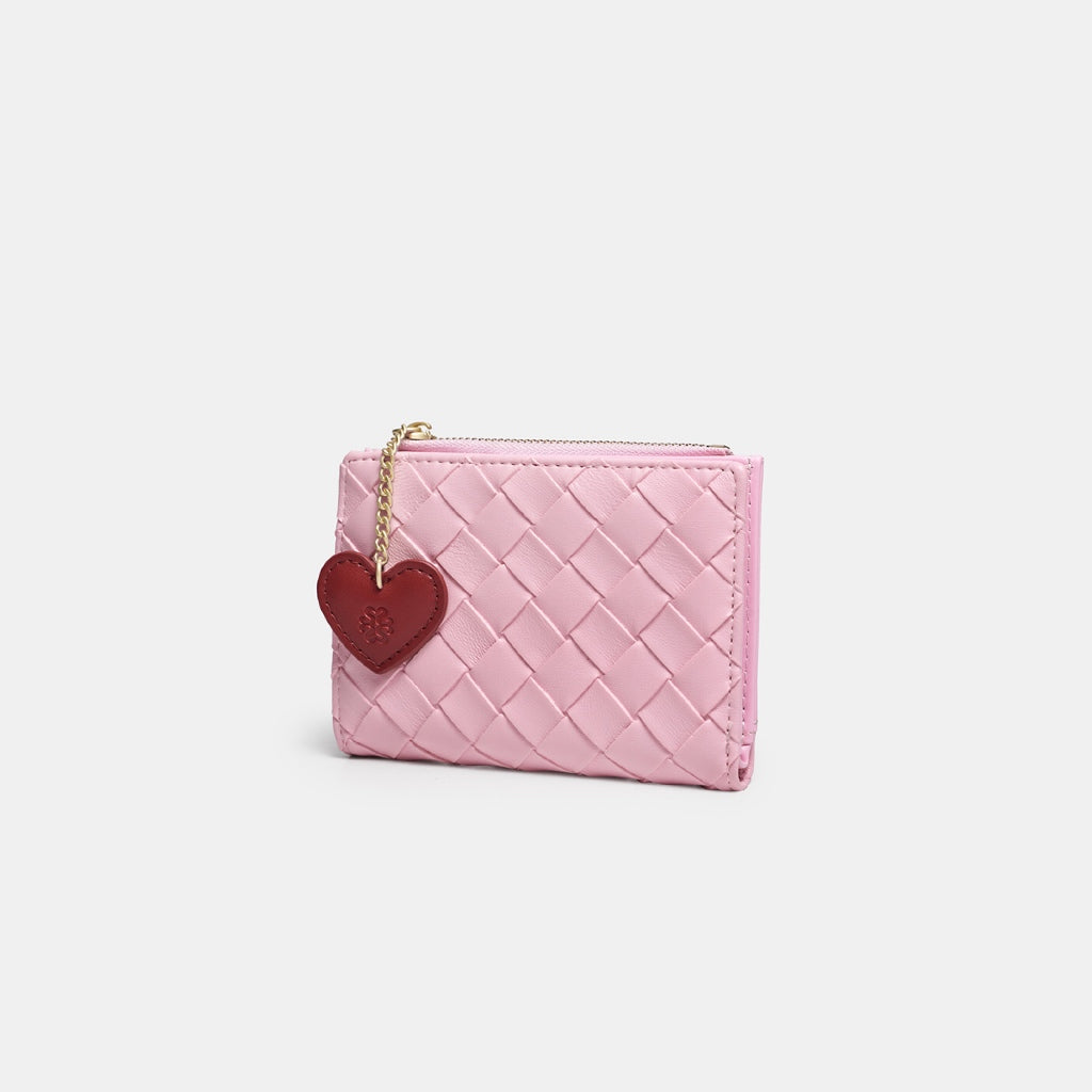 SeaGloca Woven Lattice Pattern Heart Pendant Zipper Snap Button Card Holder Small Wallet for women 00016