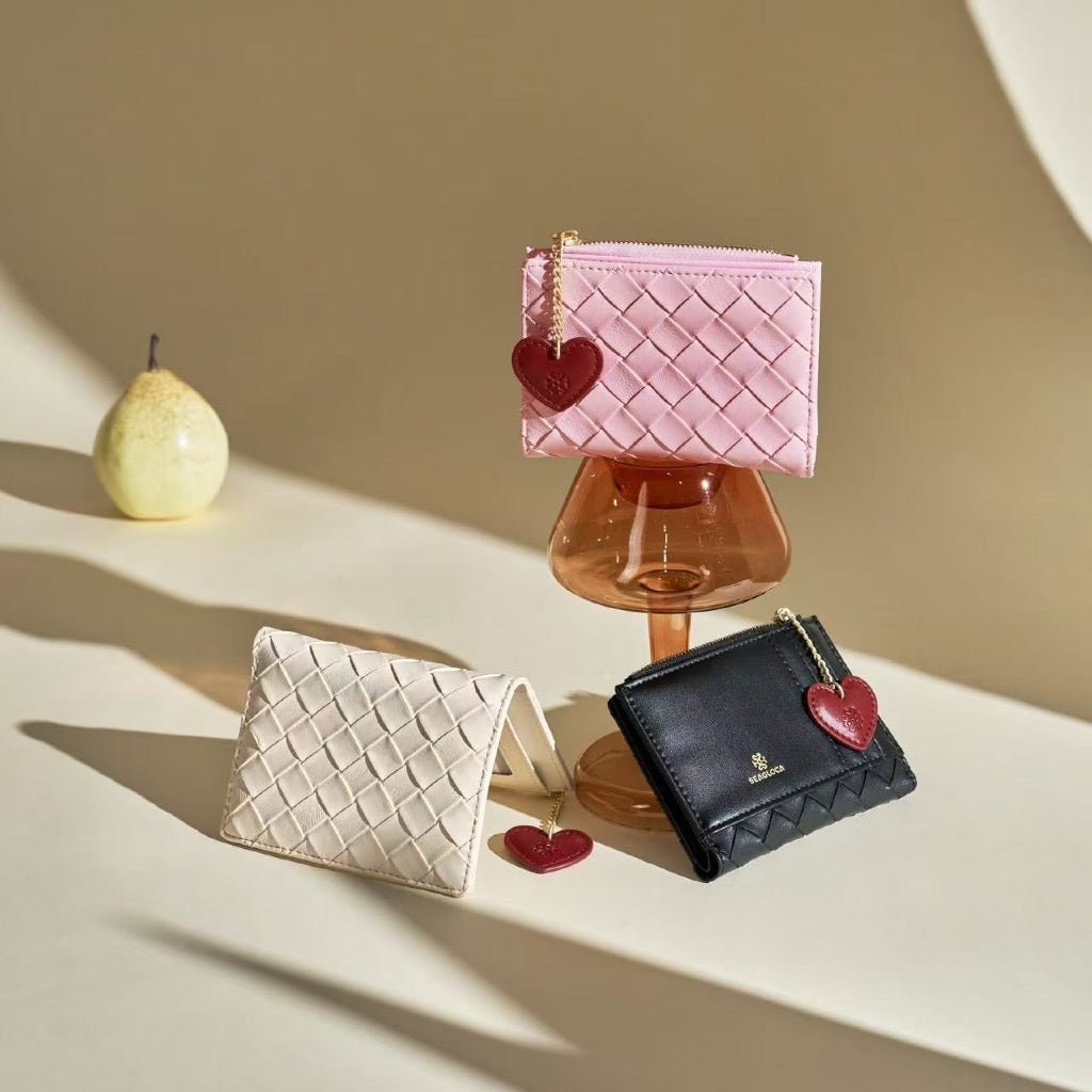 SeaGloca Woven Lattice Pattern Heart Pendant Zipper Snap Button Card Holder Small Wallet for women 00016