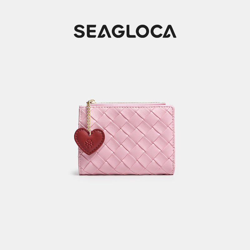 SeaGloca Woven Lattice Pattern Heart Pendant Zipper Snap Button Card Holder Small Wallet for women 00016