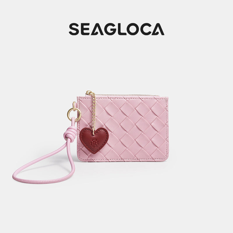 SeaGloca Woven Lattice Pattern Wrist Strap Heart Pendant Zipper Coin Purse Card Holder Small Wallet for women No 00015